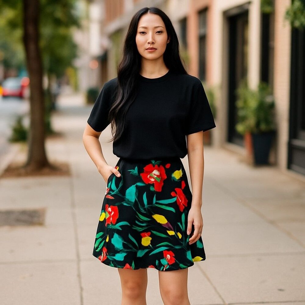 Floral A-Line Skirt in Black with Red & Green Print